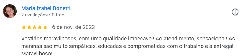 avaliação de cliente do ateliê exaltando o bom trabalho e atendimento